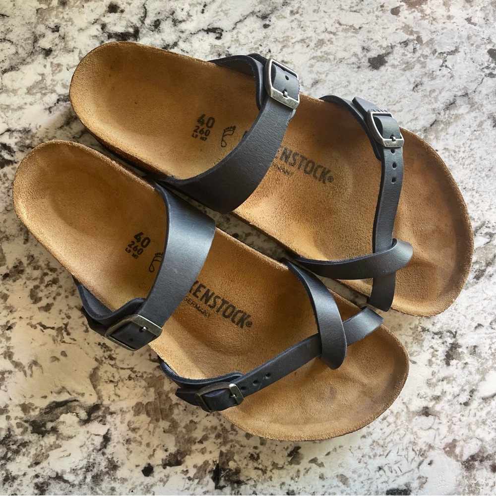 Birkenstock Dark Gray Leather Cross-Strap Sandals
